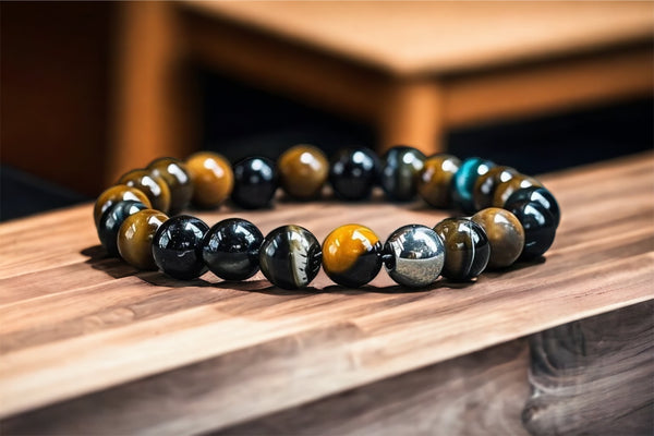 Triple Protection TigerEye Hematite Black Onyx single stackable Beaded Bracelet