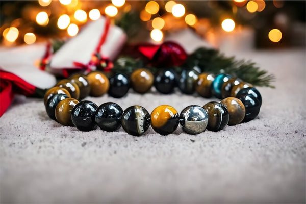 Triple Protection TigerEye Hematite Black Onyx single stackable Beaded Bracelet