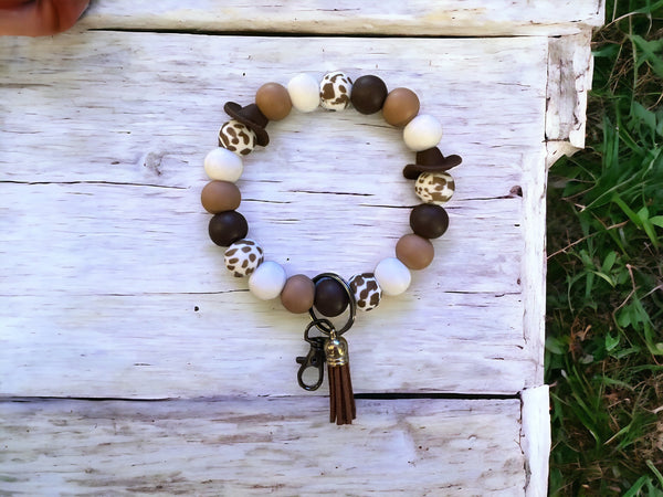 Fashion Beaded Wristlet Keychain, Cow Girl Tassel