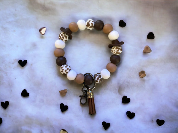 Fashion Beaded Wristlet Keychain, Cow Girl Tassel