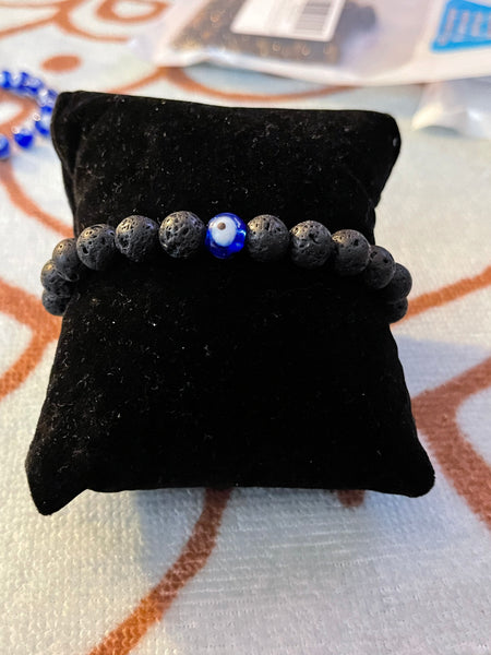 Evil EyE with Black Lava Beads; Stackable Beaded Bracelet