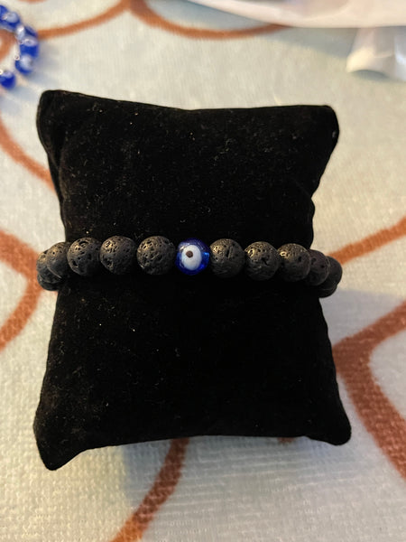 Evil EyE with Black Lava Beads; Stackable Beaded Bracelet