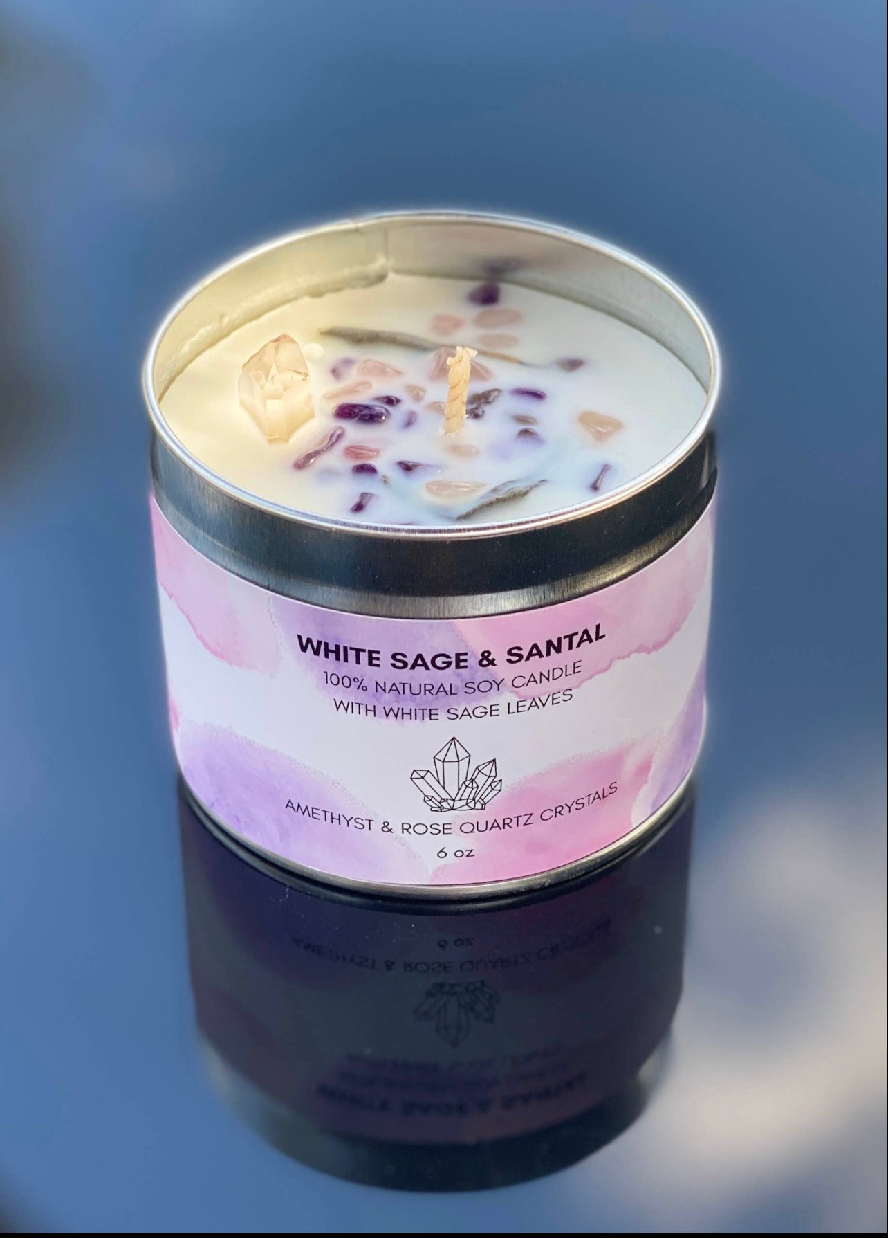 White Sage Candle w/ Amethyst, Rose & Clear Quartz,