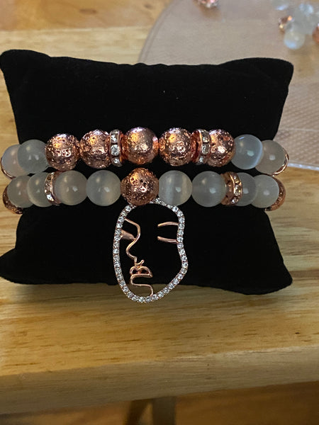 Rose Gold Lava Beads mix with  Cat Eye Stackable Beaded Bracelet