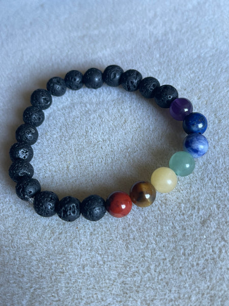 Chakra Gemstones  mix with  Black Lava Beads; Stackable Beaded Bracelet