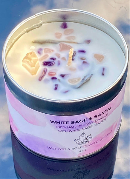 White Sage Stick bundled with White Sage leaves infused Candle w/ Amethyst, Rose & Clear Quartz,