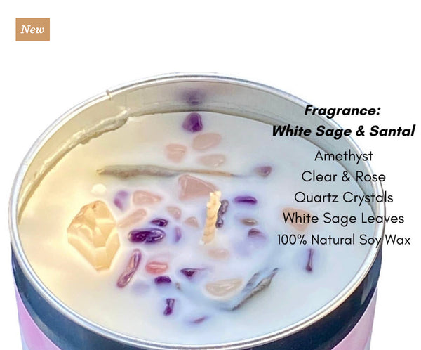 White Sage Candle w/ Amethyst, Rose & Clear Quartz,